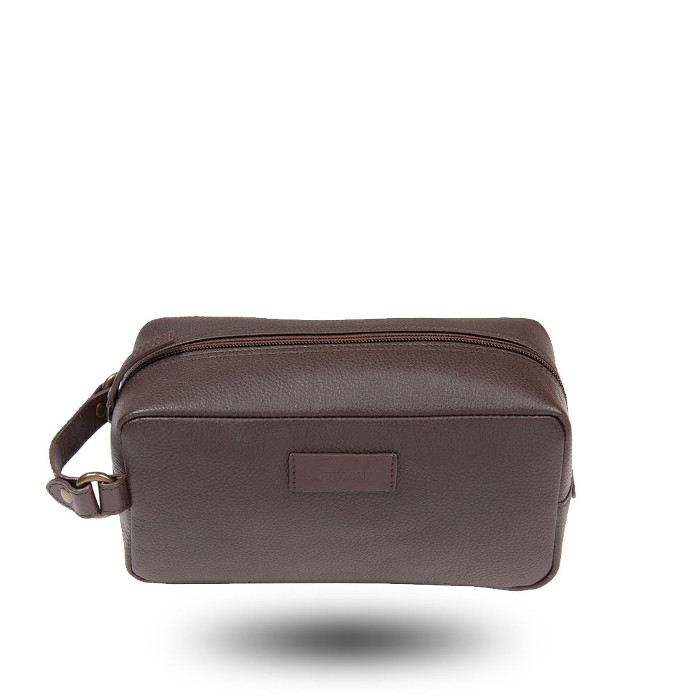 Barbour Compact Leather Wash Bag Brown