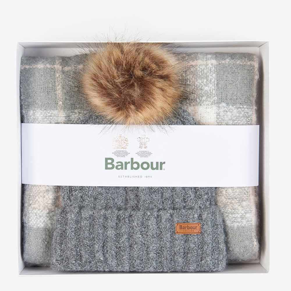 Saltburn Beanie & Tartan Scarf Set Grey Rose