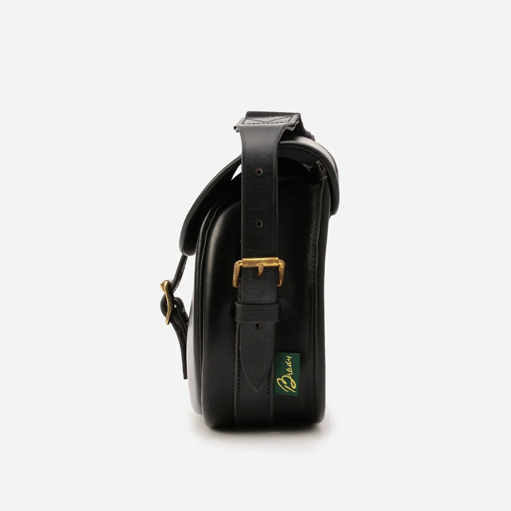 Brady bags Cartridge 50 Black Leather  satchel side view with brady bags logo yellow and green