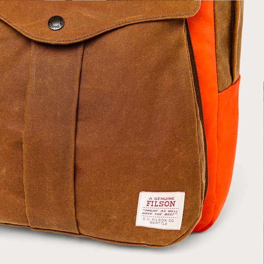 Filson Journeyman Backpack Tan / Flame with Filson logo on front